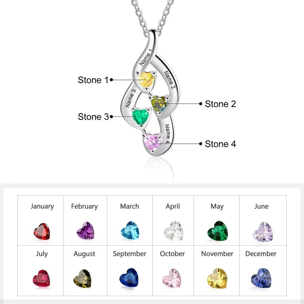 925 Sterling Silver Mother Necklace with 4 Custom Birthstones Name Heart Necklaces nowadaysfashion
