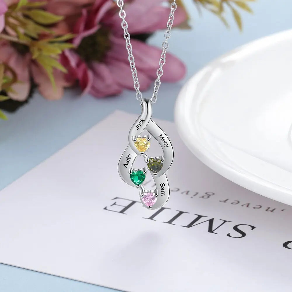 925 Sterling Silver Mother Necklace with 4 Custom Birthstones Name Heart Necklaces - Blade & Thread