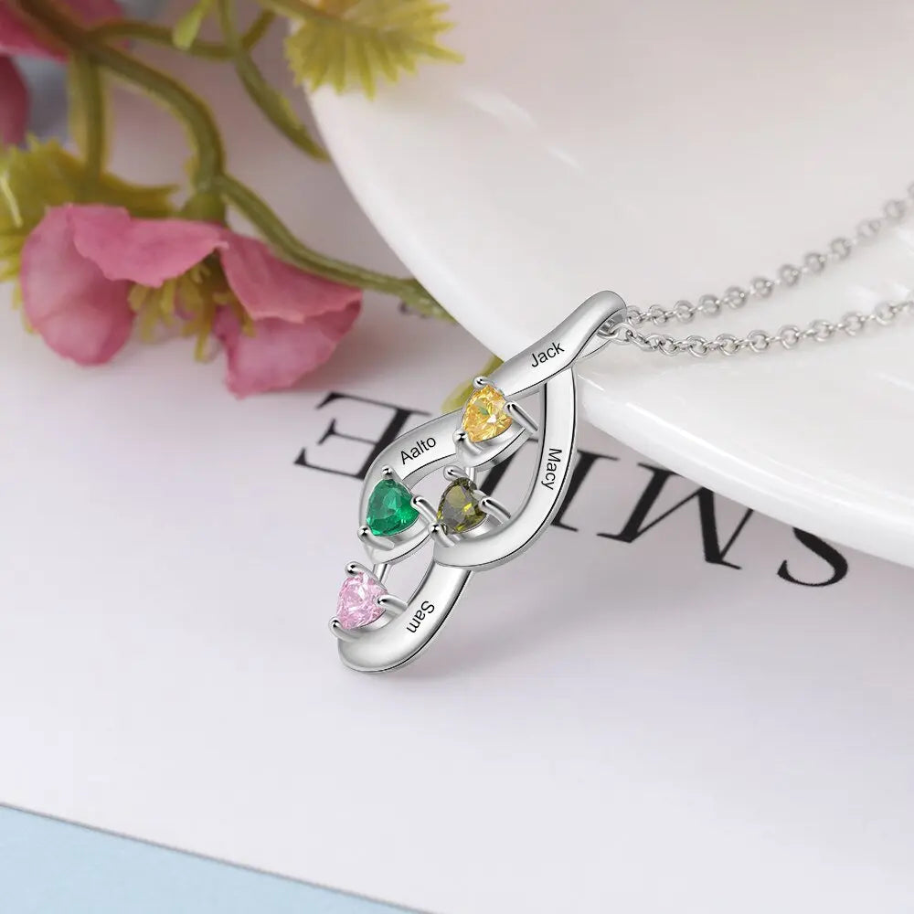 925 Sterling Silver Mother Necklace with 4 Custom Birthstones Name Heart Necklaces - Blade & Thread