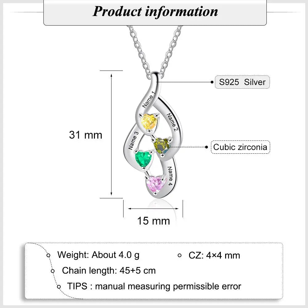 925 Sterling Silver Mother Necklace with 4 Custom Birthstones Name Heart Necklaces - Blade & Thread