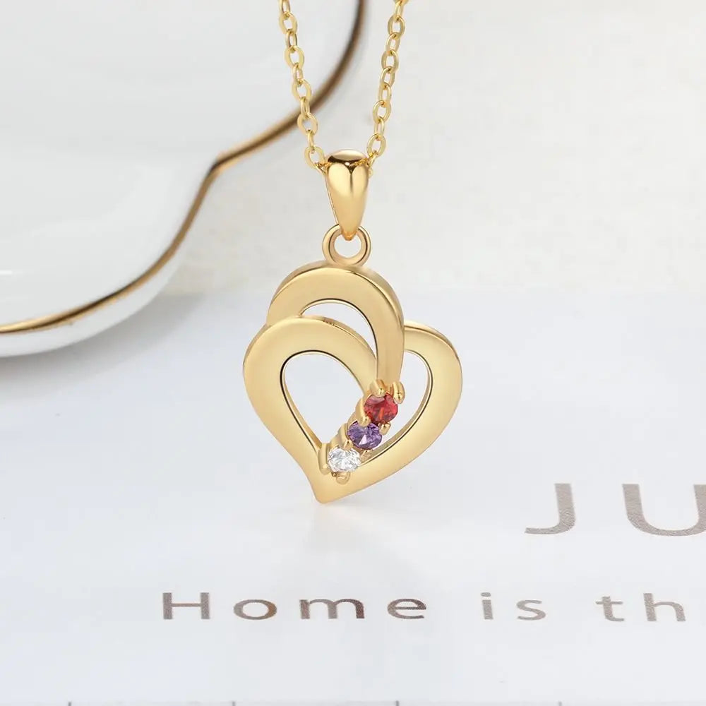 925 Sterling Silver Mothers Necklace with 3 Birthstones Romantic Name Heart Pendants - Blade & Thread