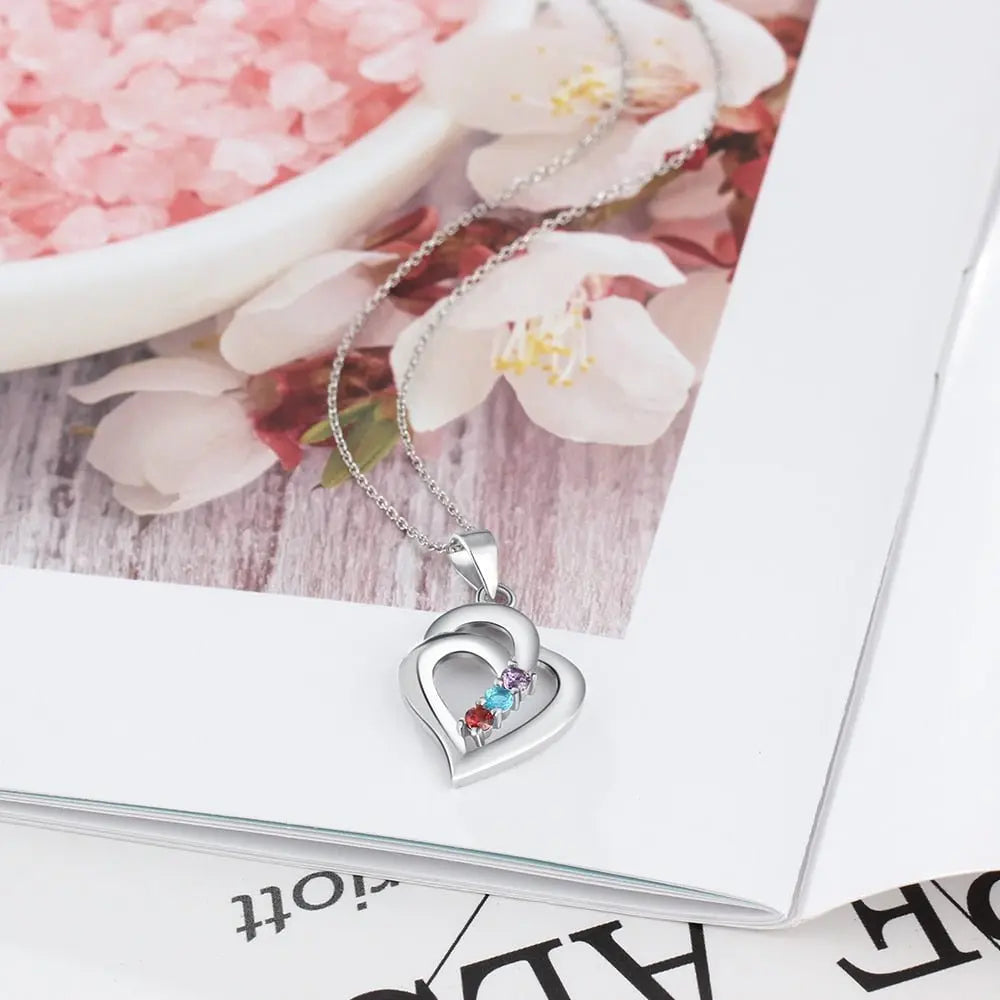 925 Sterling Silver Mothers Necklace with 3 Birthstones Romantic Name Heart Pendants nowadaysfashion