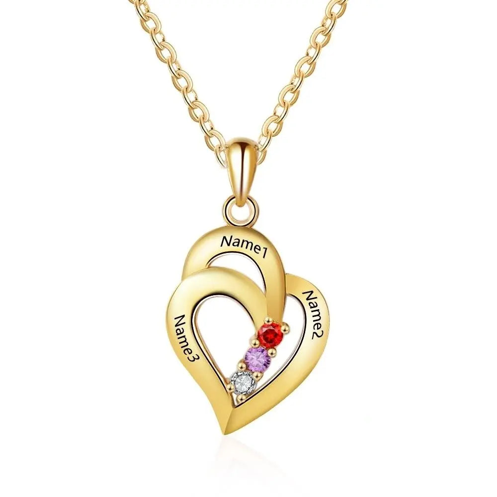 925 Sterling Silver Mothers Necklace with 3 Birthstones Romantic Name Heart Pendants - Blade & Thread