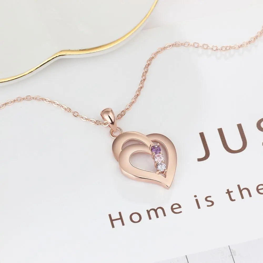 925 Sterling Silver Mothers Necklace with 3 Birthstones Romantic Name Heart Pendants - Blade & Thread
