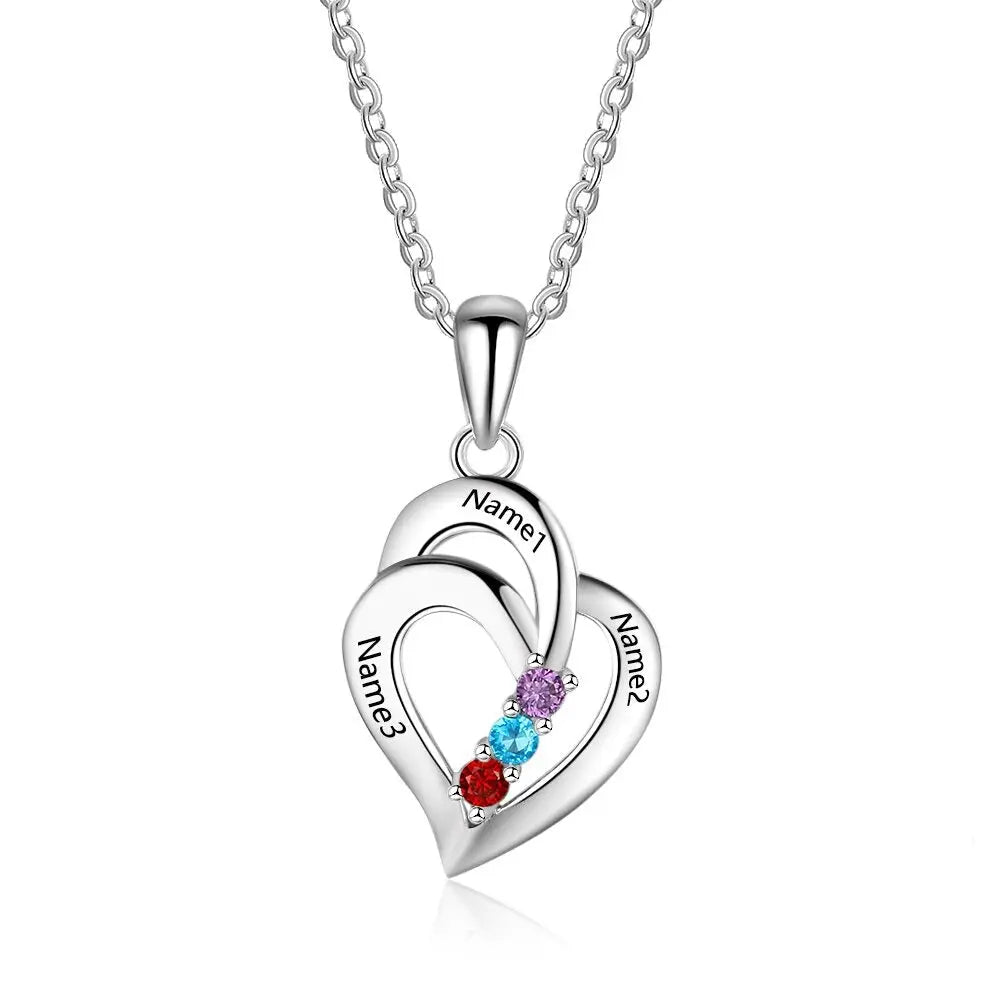 925 Sterling Silver Mothers Necklace with 3 Birthstones Romantic Name Heart Pendants - Blade & Thread