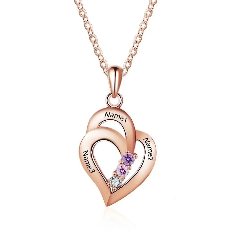 925 Sterling Silver Mothers Necklace with 3 Birthstones Romantic Name Heart Pendants - Blade & Thread