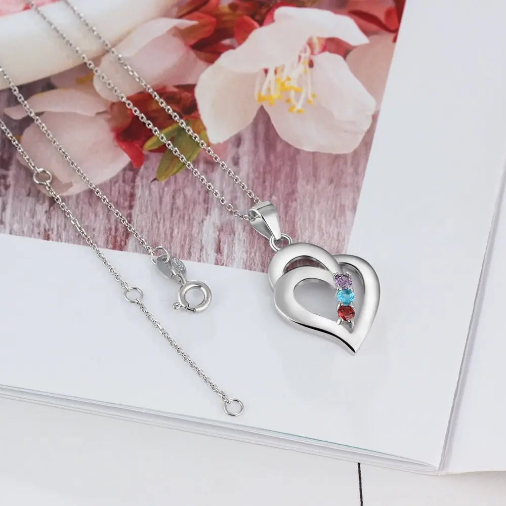 925 Sterling Silver Mothers Necklace with 3 Birthstones Romantic Name Heart Pendants nowadaysfashion