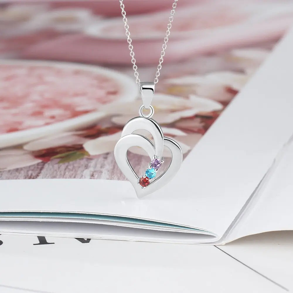 925 Sterling Silver Mothers Necklace with 3 Birthstones Romantic Name Heart Pendants nowadaysfashion