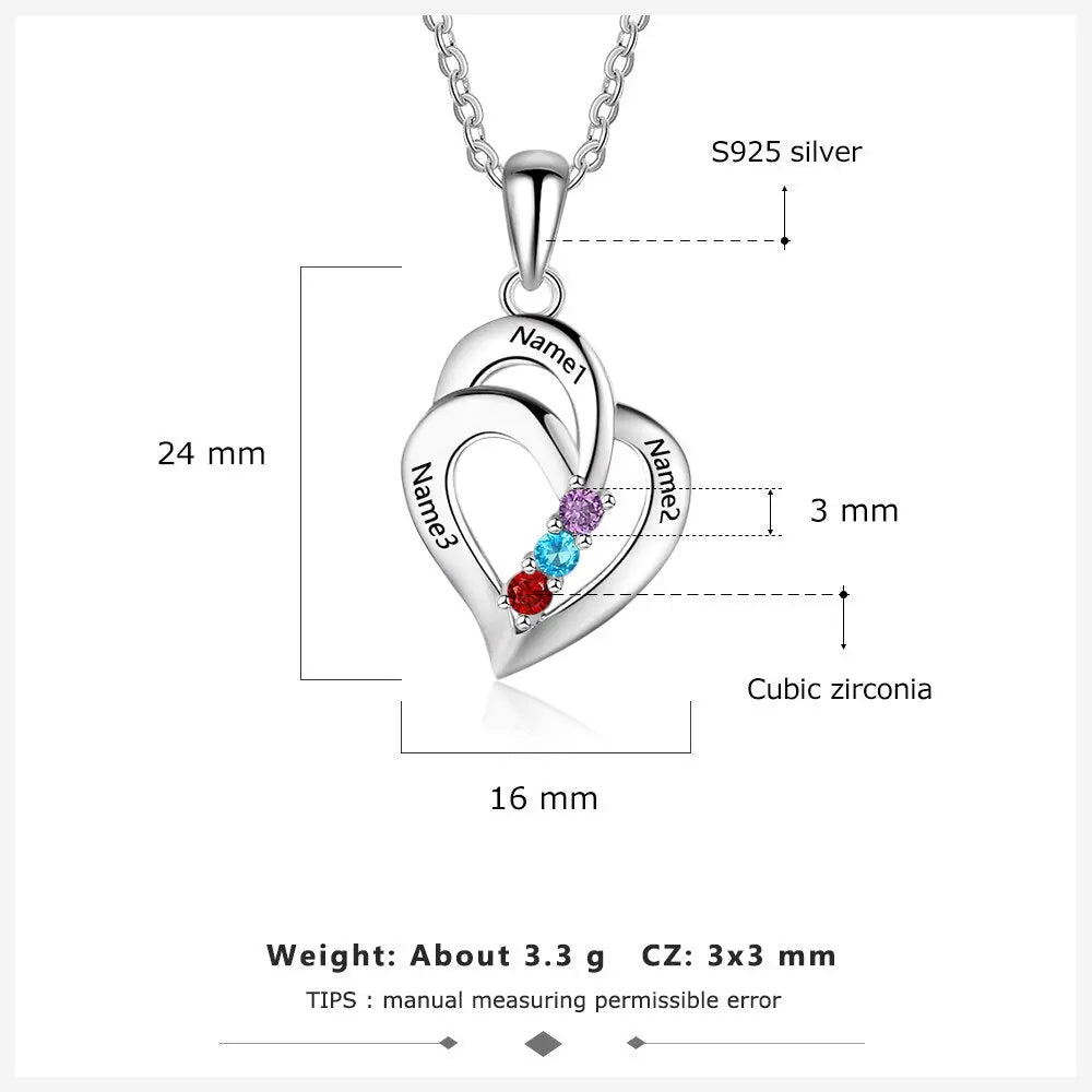925 Sterling Silver Mothers Necklace with 3 Birthstones Romantic Name Heart Pendants - Blade & Thread