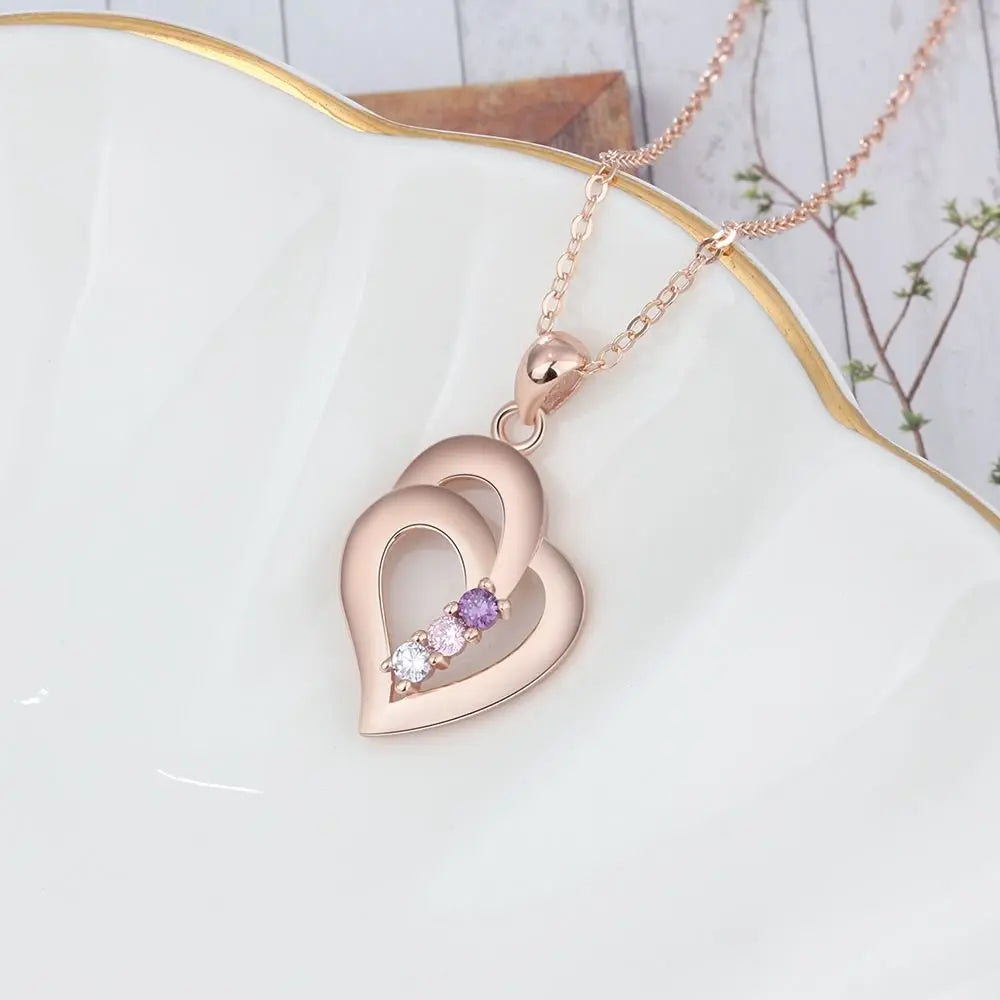 925 Sterling Silver Mothers Necklace with 3 Birthstones Romantic Name Heart Pendants - Blade & Thread
