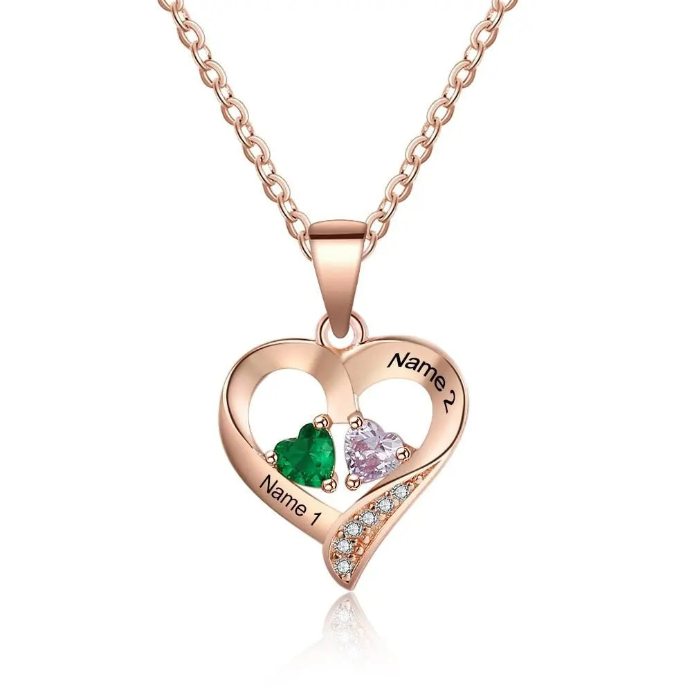 925 Sterling Silver Name Necklace with 2 Birthstones Custom Engraved Heart Pendant - Blade & Thread