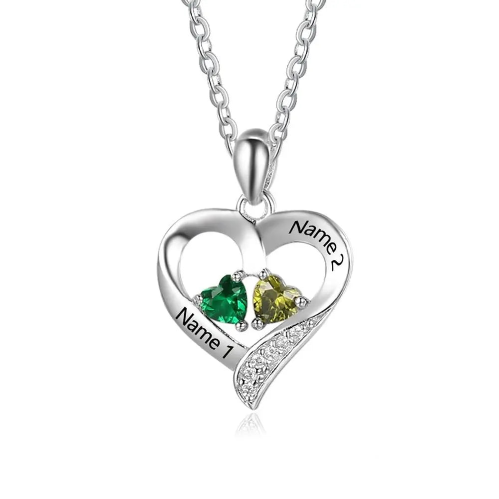 925 Sterling Silver Name Necklace with 2 Birthstones Custom Engraved Heart Pendant - Blade & Thread