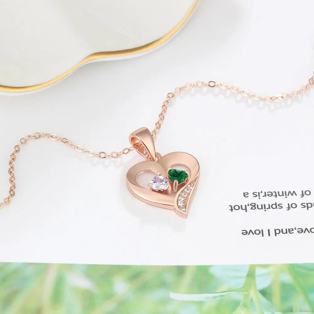 925 Sterling Silver Name Necklace with 2 Birthstones Custom Engraved Heart Pendant - Blade & Thread
