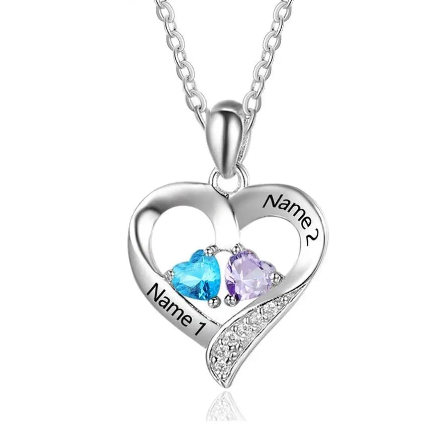 925 Sterling Silver Name Necklace with 2 Birthstones Custom Engraved Heart Pendant - Blade & Thread