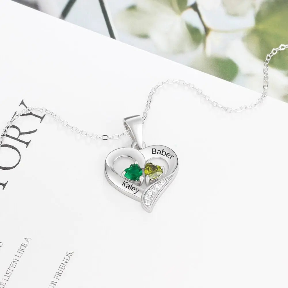 925 Sterling Silver Name Necklace with 2 Birthstones Custom Engraved Heart Pendant - Blade & Thread