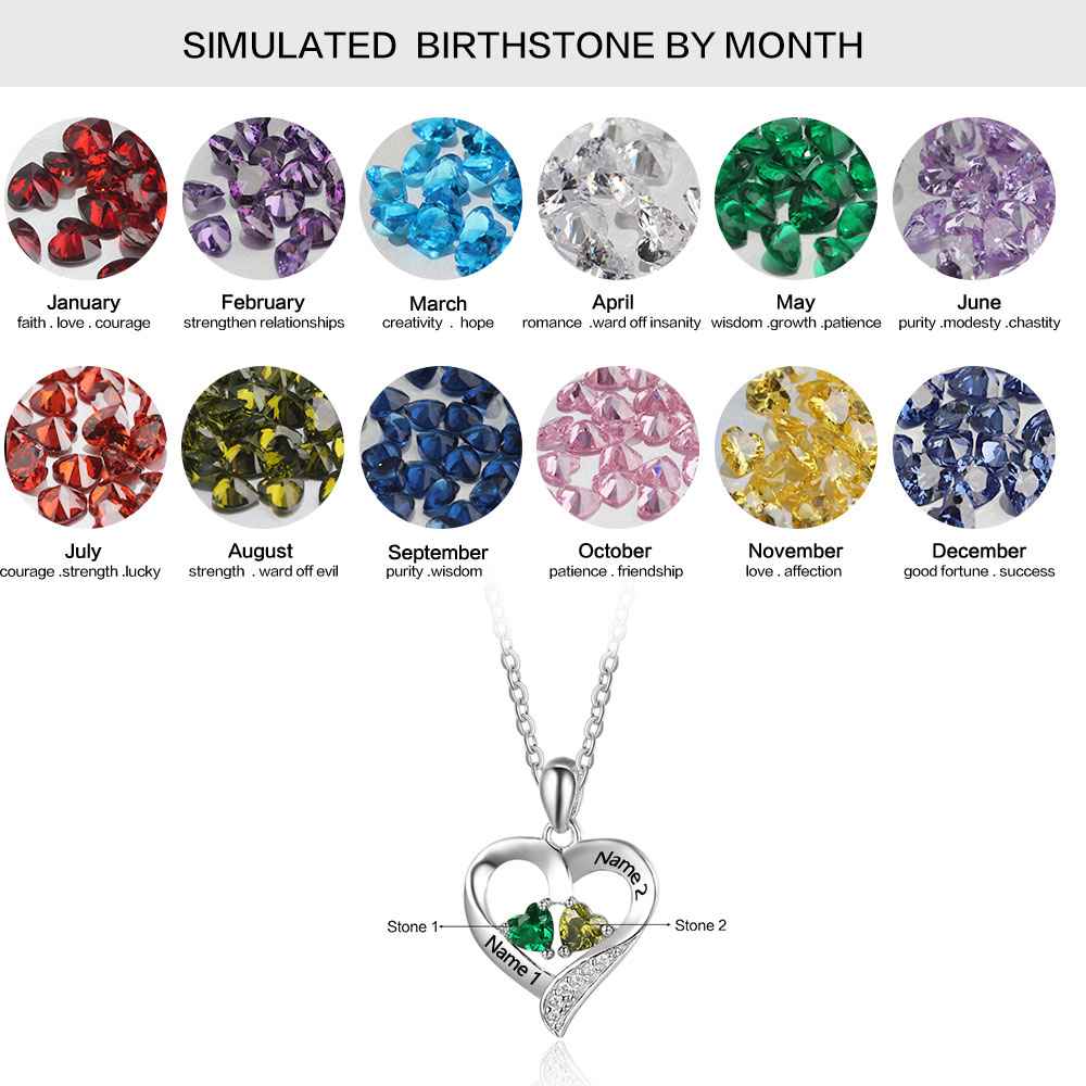 925 Sterling Silver Name Necklace with 2 Birthstones Custom Engraved Heart Pendant nowadaysfashion