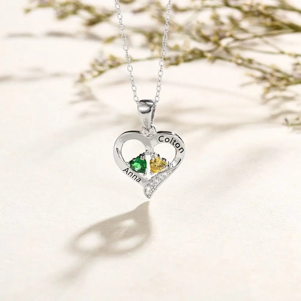 925 Sterling Silver Name Necklace with 2 Birthstones Custom Engraved Heart Pendant - Blade & Thread