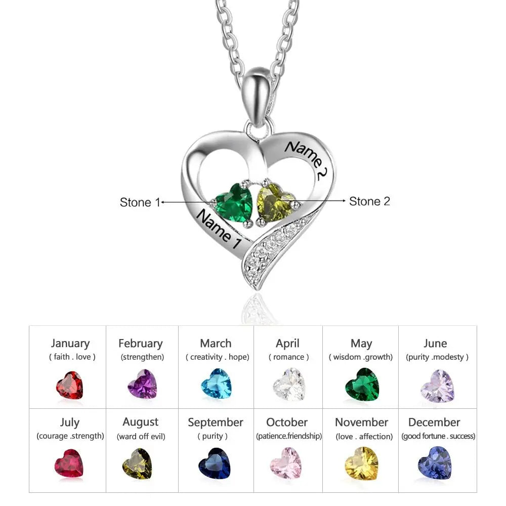 925 Sterling Silver Name Necklace with 2 Birthstones Custom Engraved Heart Pendant - Blade & Thread