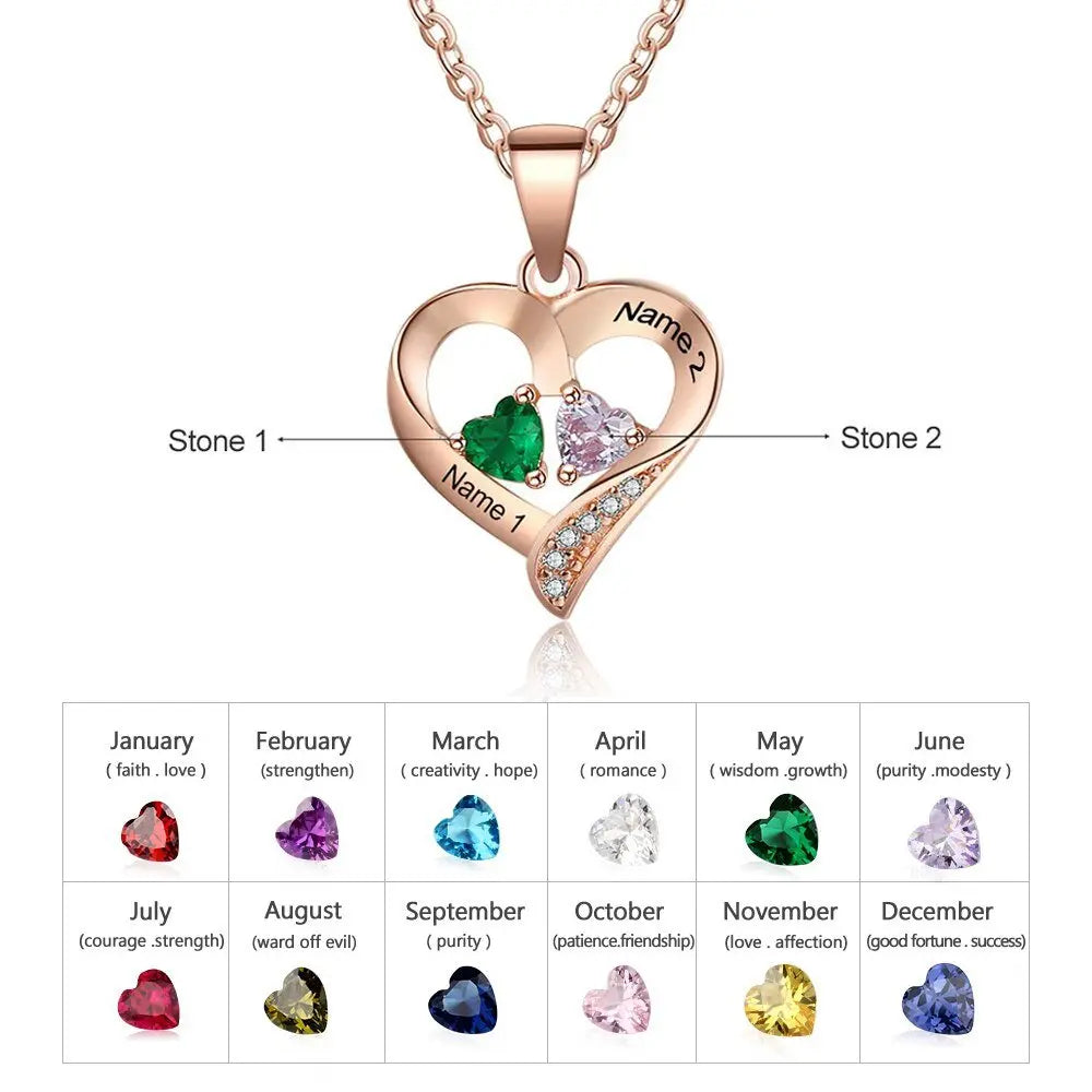 925 Sterling Silver Name Necklace with 2 Birthstones Custom Engraved Heart Pendant - Blade & Thread