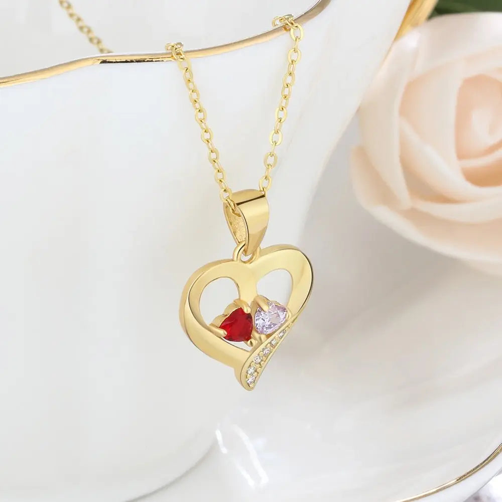 925 Sterling Silver Name Necklace with 2 Birthstones Custom Engraved Heart Pendant - Blade & Thread