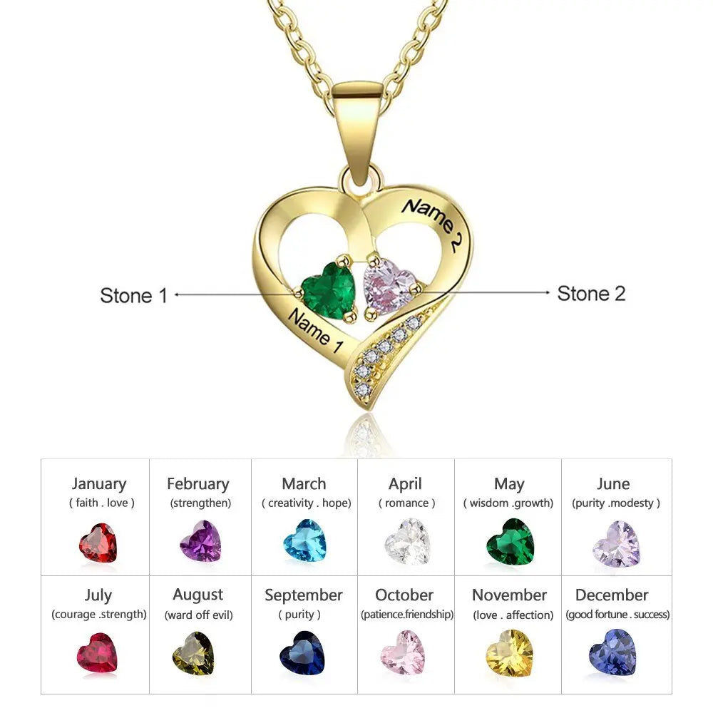 925 Sterling Silver Name Necklace with 2 Birthstones Custom Engraved Heart Pendant nowadaysfashion