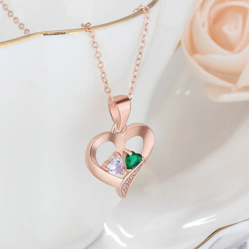 925 Sterling Silver Name Necklace with 2 Birthstones Custom Engraved Heart Pendant - Blade & Thread