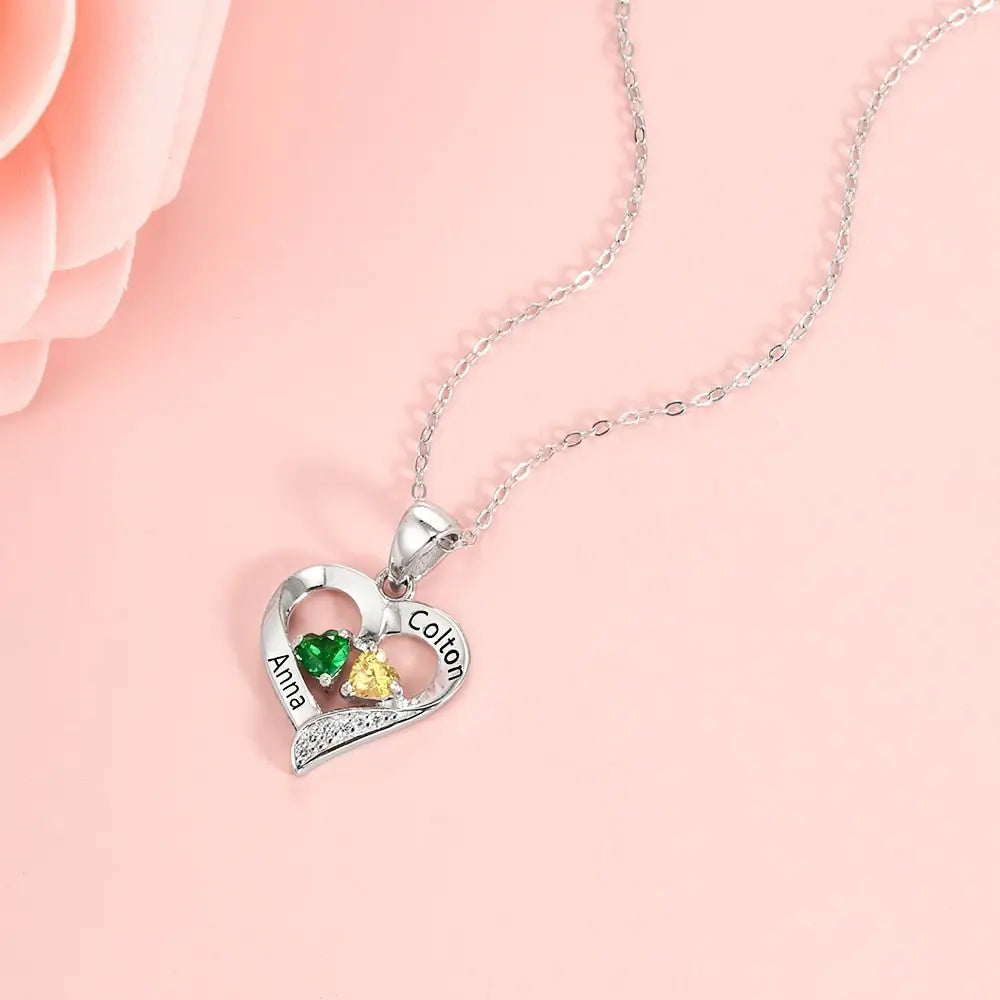 925 Sterling Silver Name Necklace with 2 Birthstones Custom Engraved Heart Pendant - Blade & Thread