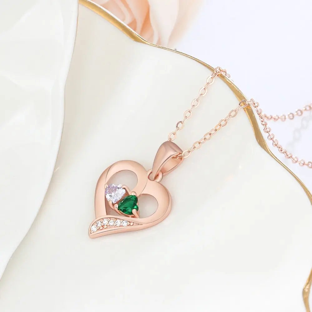 925 Sterling Silver Name Necklace with 2 Birthstones Custom Engraved Heart Pendant nowadaysfashion