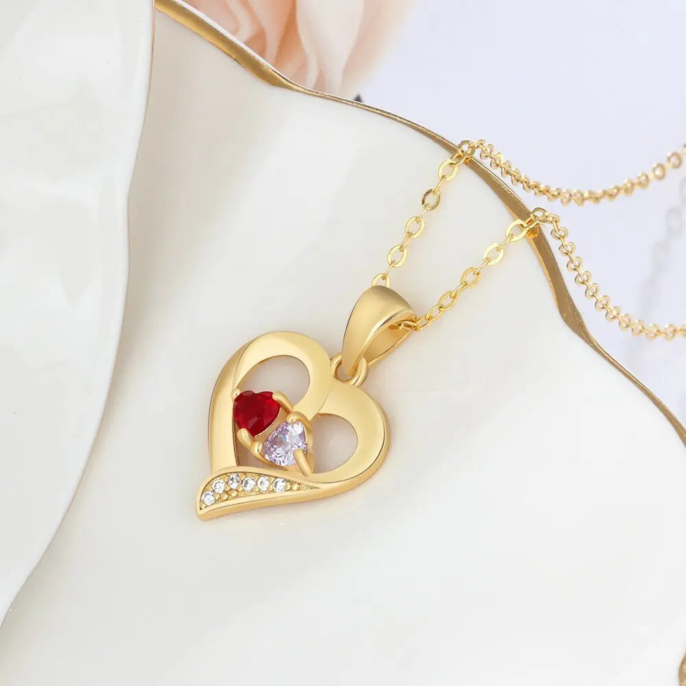 925 Sterling Silver Name Necklace with 2 Birthstones Custom Engraved Heart Pendant nowadaysfashion
