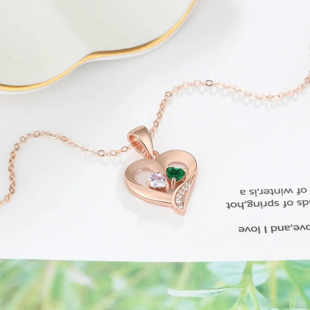 925 Sterling Silver Name Necklace with 2 Birthstones Custom Engraved Heart Pendant nowadaysfashion