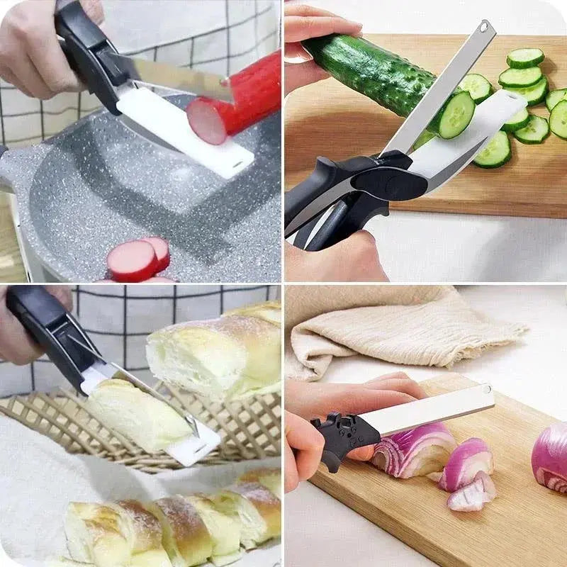 Slim Stainless Steel Kitchen Food Cutter Scissors With Integrated Cutting Board Blade & Thread