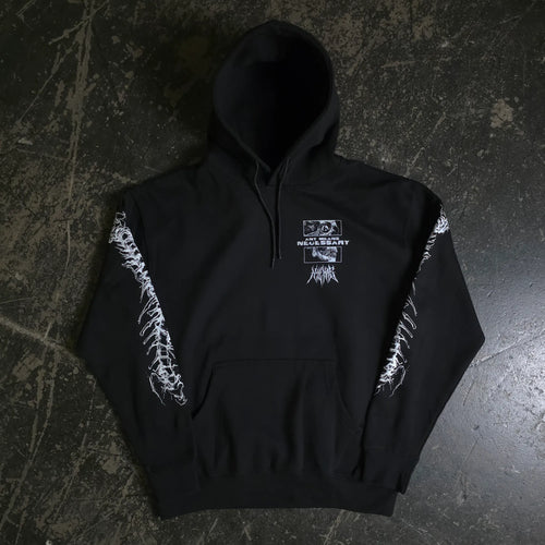 Black hoodie by Any Means Necessary Clothing featuring the "Are We Even Alive" graphic on the front.