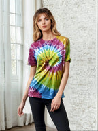 SpectraUSA Classic Spiral Tie Dye T-shirt featuring vibrant, swirling rainbow colors on soft cotton fabric.