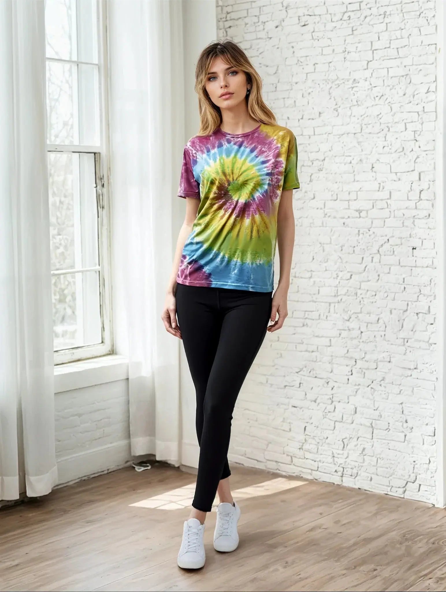 SpectraUSA classic spiral tie-dye tee shirt with vibrant multicolor swirl design, casual unisex fashion top.