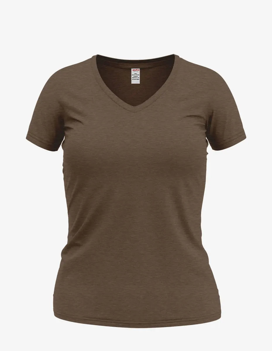 Brown heather Wonder V-Neck women's top by SpectraUSA, front view showing the V-neck design and soft fabric.