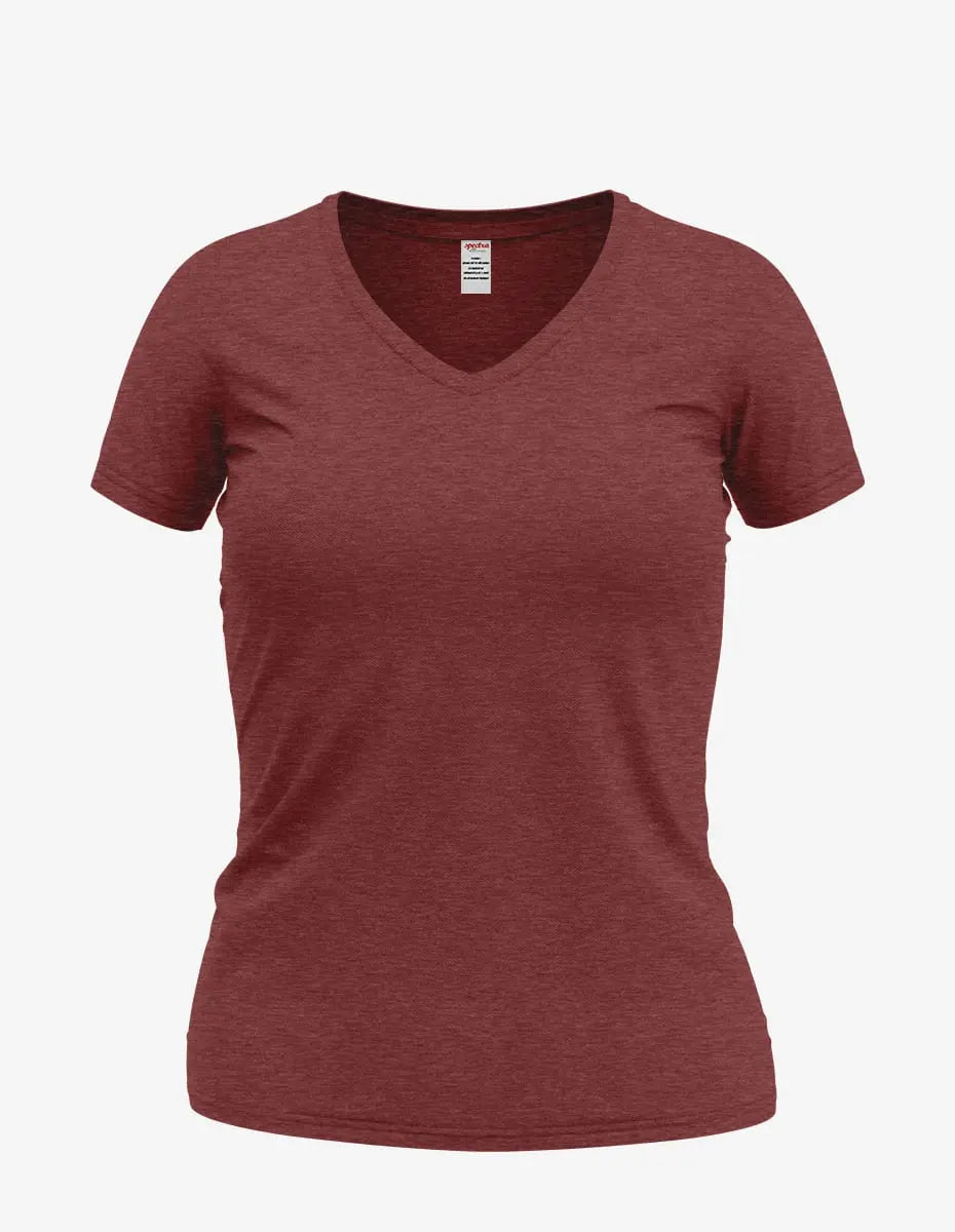 Women’s Wonder V-Neck 8650 top by SpectraUSA in burgundy, black, and heather, shown from the front highlighting the neckline and fabric texture.