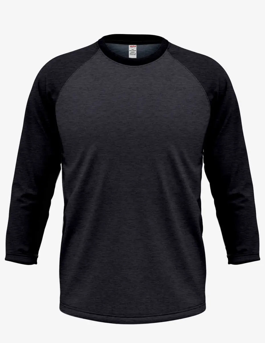 Men's Charcoal Heather Raglan RG3000 sweatshirt by SpectraUSA, shown in a close-up of the black and gray fabric.