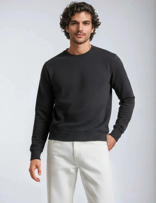 Black fleece crew neck sweatshirt by SpectraUSA, shown on a man, with a comfortable, casual fit and classic design.