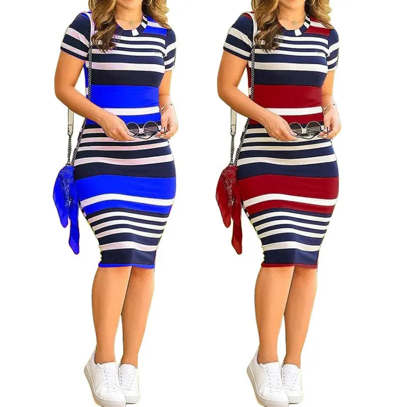 Women Pack Hip Pencil Dress Bodycon Summer Robe Female Striped Vestidos Women Elegant Dress nowadaysfashion