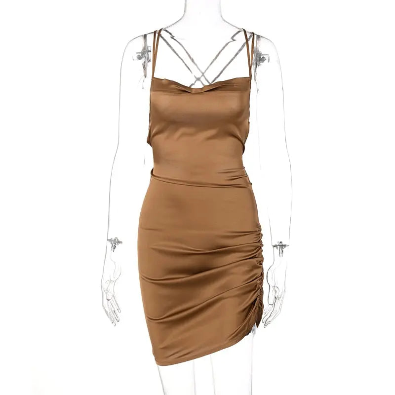 Satin Women Strap Mini Dress Ruched Lace Up Cross Bandage Backless Bodycon Sexy Party Elegant nowadaysfashion