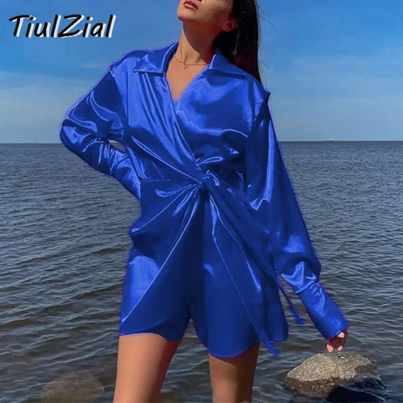 Long Sleeve Mini Satin Dress Nothed Lace Up Bandage Wrap High Waist Casual Shirt Dresses nowadaysfashion