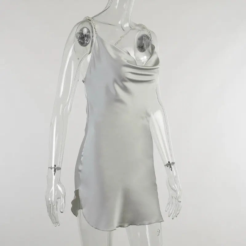 Silk Strap Mini Dresses Backless Solid Color Criss Front Pearl Sexy Summer Sexy Party nowadaysfashion