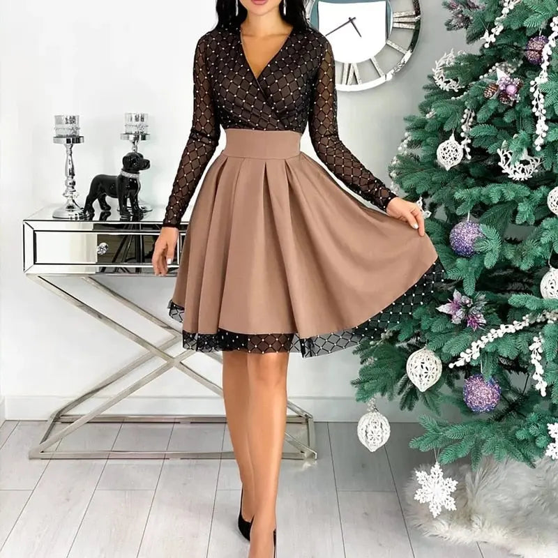 Shiny Sequin Diamond Mesh Stitching Dress Women Spring Autumn Sheer Long Sleeve Belted Slim A Line Dresses nowadaysfashion