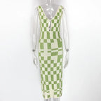 Knitted Sexy Bodycon Summer Women Dresses Backless Plaid Print Spaghetti Strap Hollow Out Vestidos nowadaysfashion