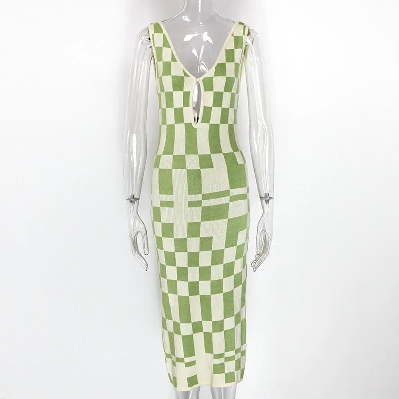 Knitted Sexy Bodycon Summer Women Dresses Backless Plaid Print Spaghetti Strap Hollow Out Vestidos nowadaysfashion