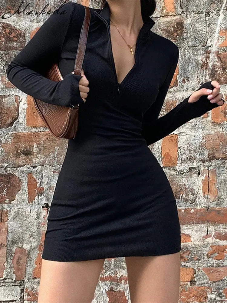 Spring Autumn Stretch Slim Soft Ribbed Knitted Turtleneck Casual Bodycon Zip Dress nowadaysfashion