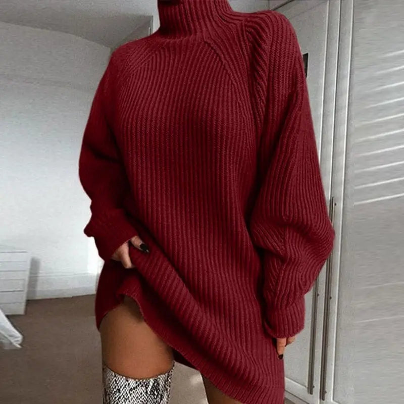 Women Turtleneck Oversized Knitted Dress Solid Long Sleeve Casual Elegant Mini Sweater Dress Plus Size nowadaysfashion