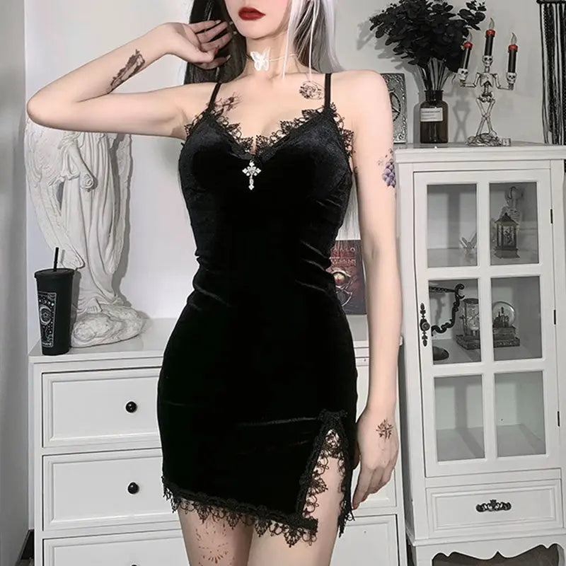 Gothic Dark Cross Black Mini Dress Vintage Sexy Spaghetti Strap High Waist Slit Dresses nowadaysfashion