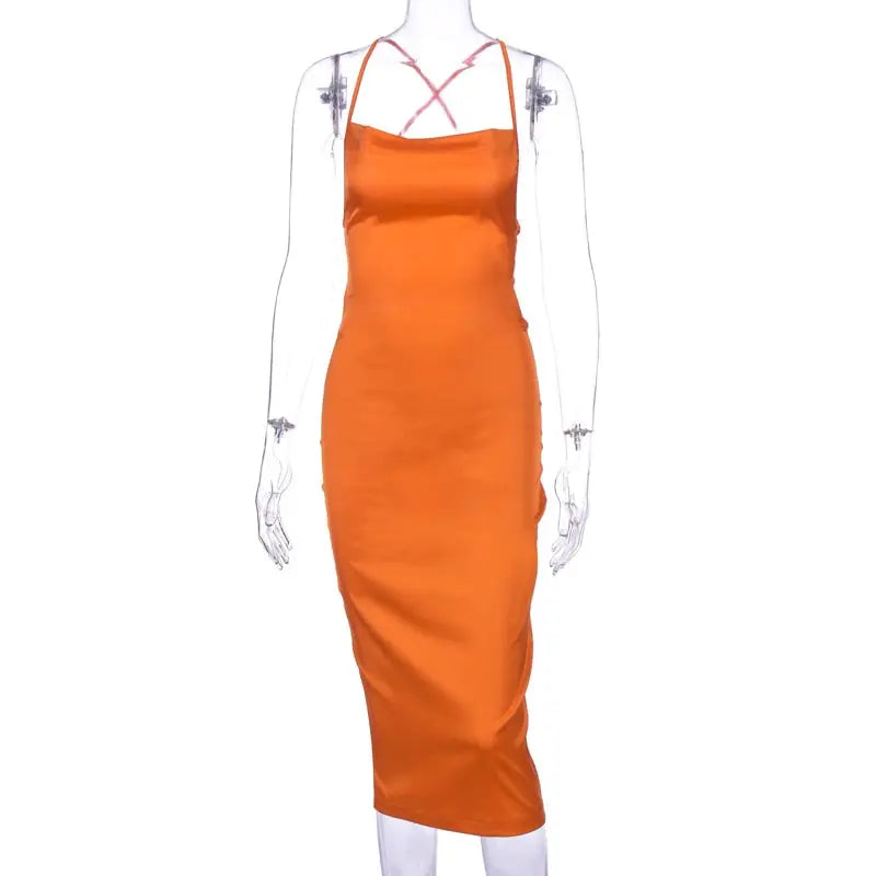 neon satin lace up 2022 summer women bodycon long midi dress sleeveless backless elegant party nowadaysfashion