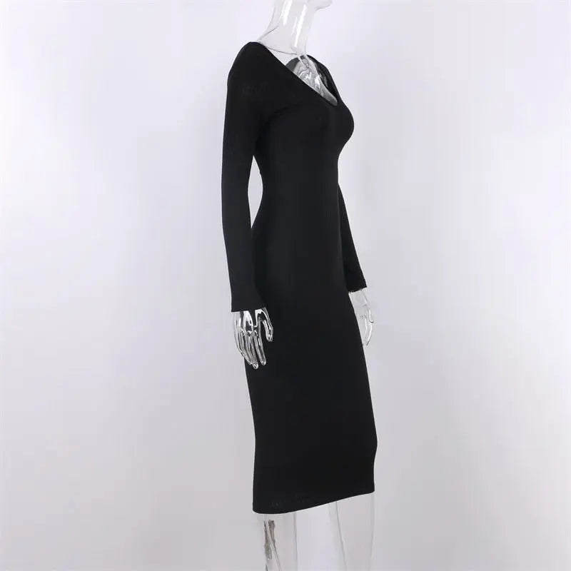 Sexy Bodycon Midi Woman Dress Knitted Long Sleeve V Neck Party Elegant Robe Women's Dresses nowadaysfashion